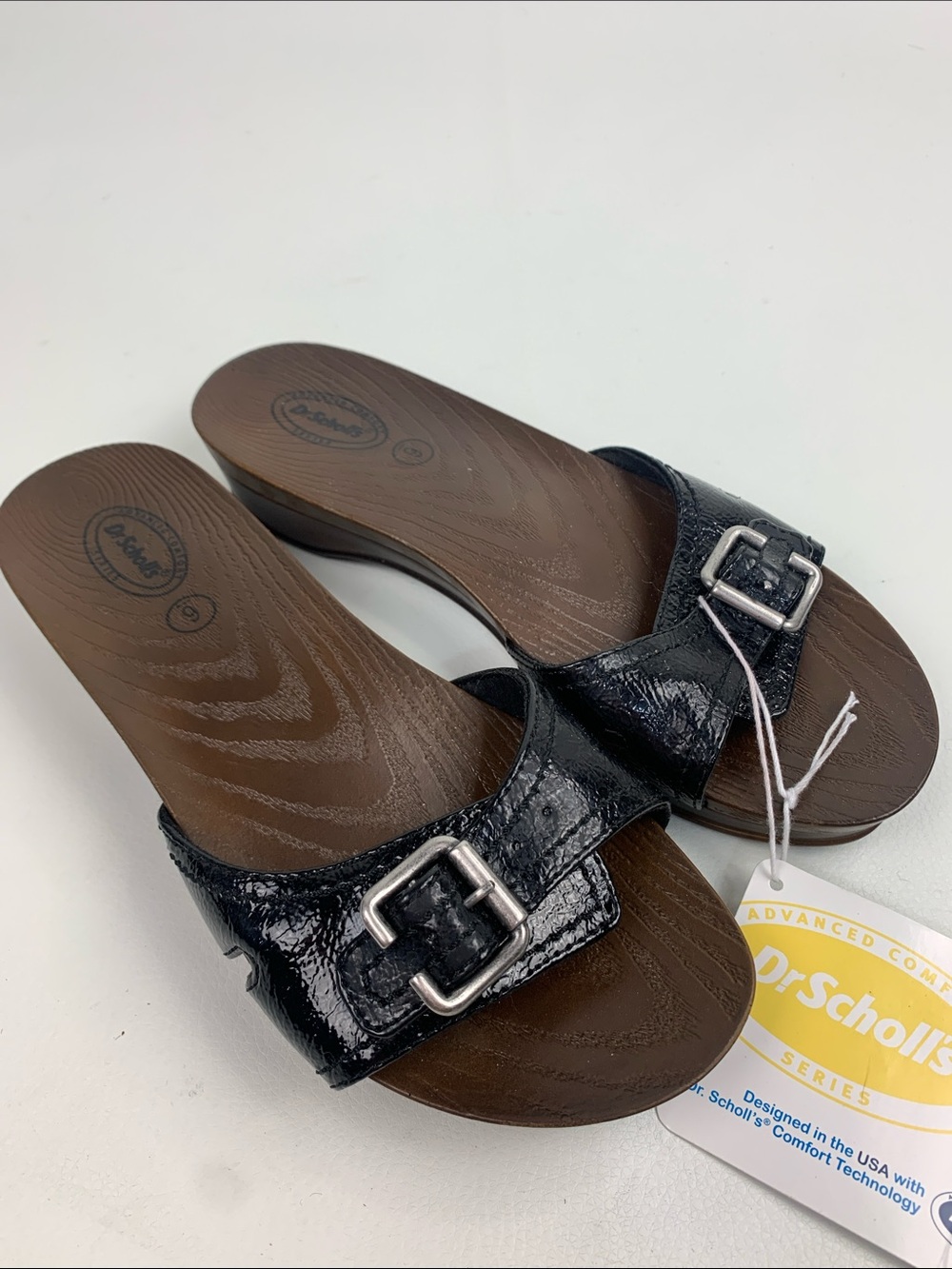 Dr. Scholl's Black Patent leather Buckle Slide Sandals Size 6 New NWT